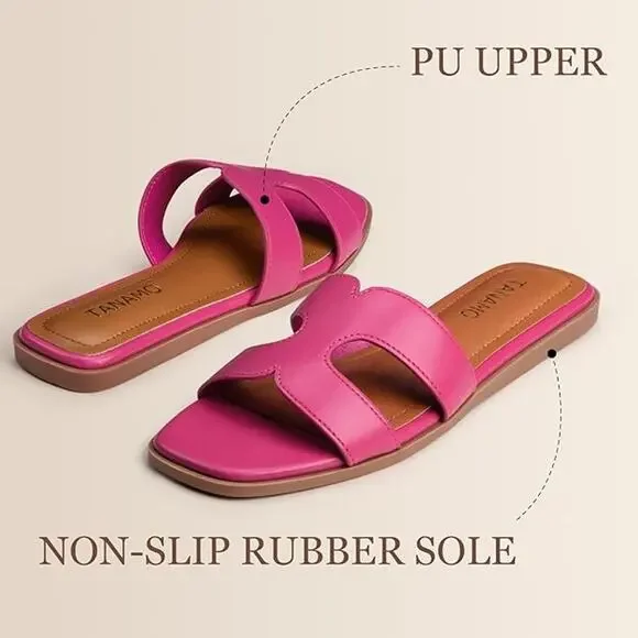 Tanamo Women's Sandals Girls Slides Narrow Dressy Flat Square Open Toe Pink SZ 7 - Picture 4 of 6